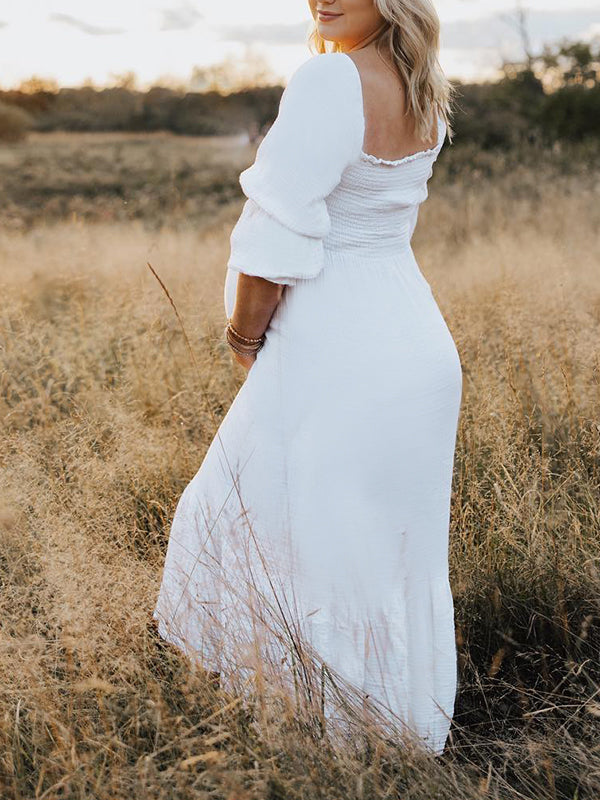 Joliloves Bianco abiti  premaman Elegante Balze A Vita Alta Manica A Bolle Boemia Adatto per servizi fotografici Maxi vestito premaman