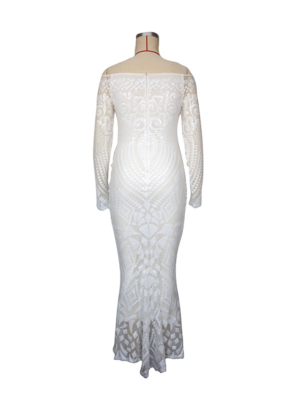 Joliloves Bianco Pizzo Paillettes Spalle Scoperte Coda Di Pesce Elegante Sottile Manica A Bolle Festa Maxi Abiti fotografico premaman