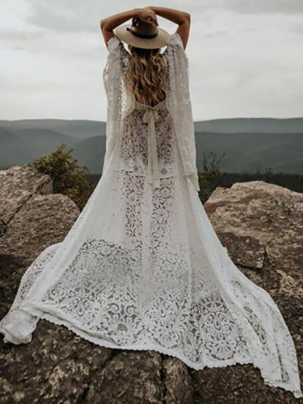 Joliloves Stampa Floreale Pizzo Profondo Scollo A V Maniche A Tromba Abiti per servizi fotografici Maxi Vestito