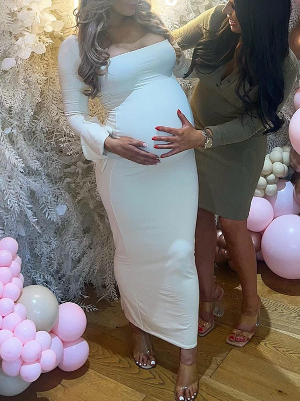Joliloves Bianco Elegante lungo Vestito premaman Manica Lunga Sottile Spacco Colletto Quadrato Adatto per servizi fotografici Vestiti premaman eleganti