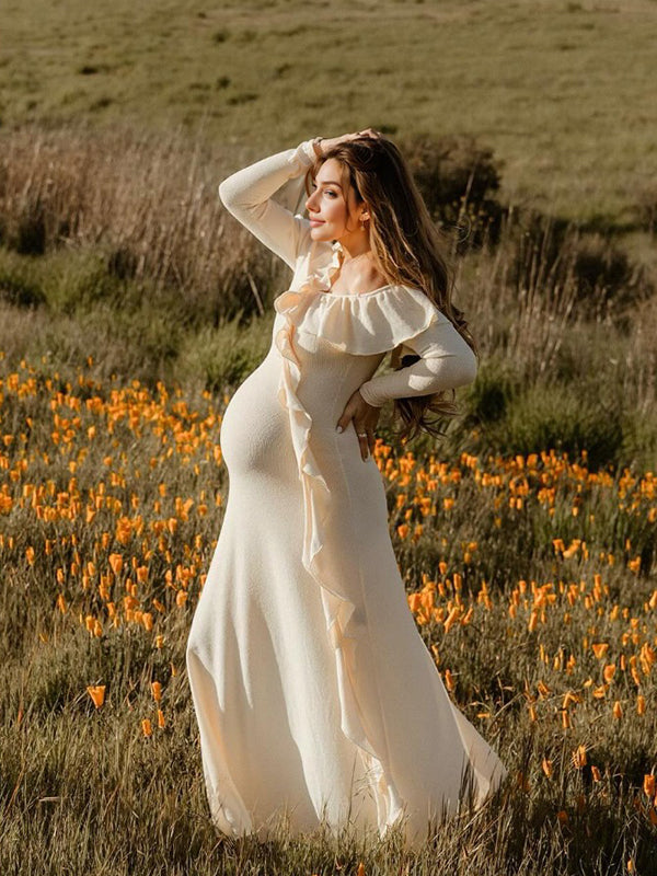 Joliloves Albicocca Maxi vestiti eleganti premaman Una Spalla Spacco Laterale Balze Vacanze Fotografia gestante
