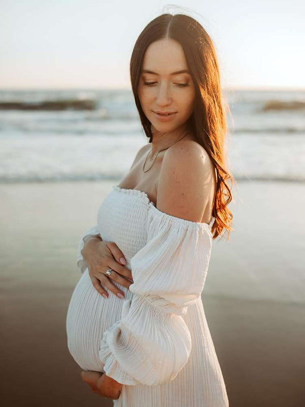 Joliloves Bianco abiti  premaman Elegante Balze A Vita Alta Manica A Bolle Boemia Adatto per servizi fotografici Maxi vestito premaman