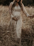 Joliloves Albicocca Elegante Boemia Paillettes Frange chiffon Scollo A V Maxi Abiti fotografico premaman