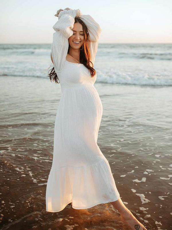 Joliloves Bianco abiti  premaman Elegante Balze A Vita Alta Manica A Bolle Boemia Adatto per servizi fotografici Maxi vestito premaman