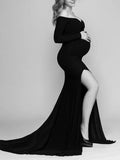 Joliloves Maxi Abito Spalle Scoperte Spacco Manica Lunga Moda Chic Abito per servizio fotografico premaman
