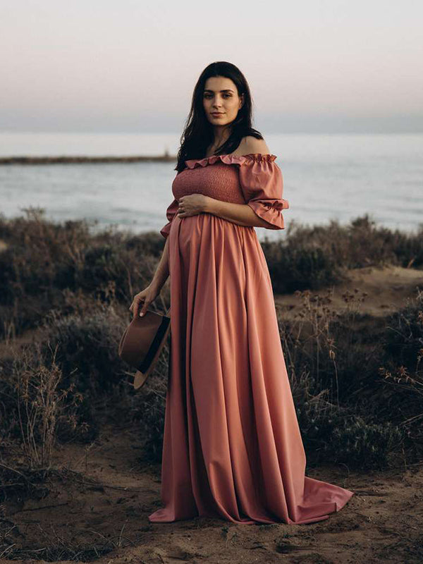 Joliloves Maxi Abito Balze Spalle Scoperte Scollo A Barchetta Moda Chic Abito per servizio fotografico premaman
