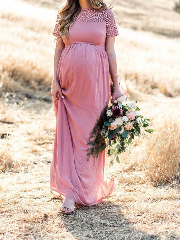 Joliloves Abito lungo per baby shower servizio fotografico in pizzo plissettato elegante sera tutti i giorni tutti i giorni maternità