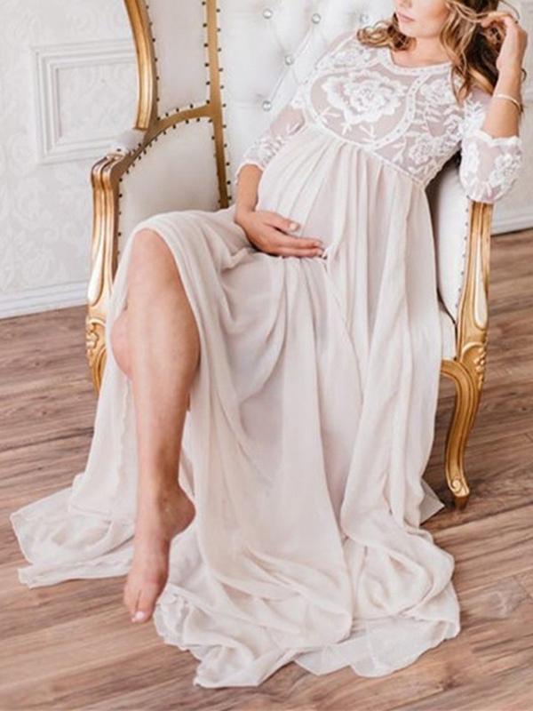 Joliloves Abito lungo in chiffon di pizzo premaman per babyshower girocollo manica lunga elegante da sposa