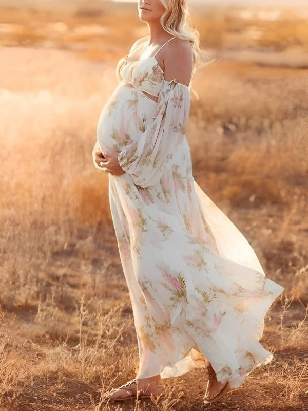 Joliloves Bianco maxi abiti eleganti premaman romantico Fioreale Sottoveste Spalle Scoperte Boemia Adatto per servizi fotografici