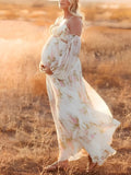 Joliloves Bianco maxi abiti eleganti premaman romantico Fioreale Sottoveste Spalle Scoperte Boemia Adatto per servizi fotografici