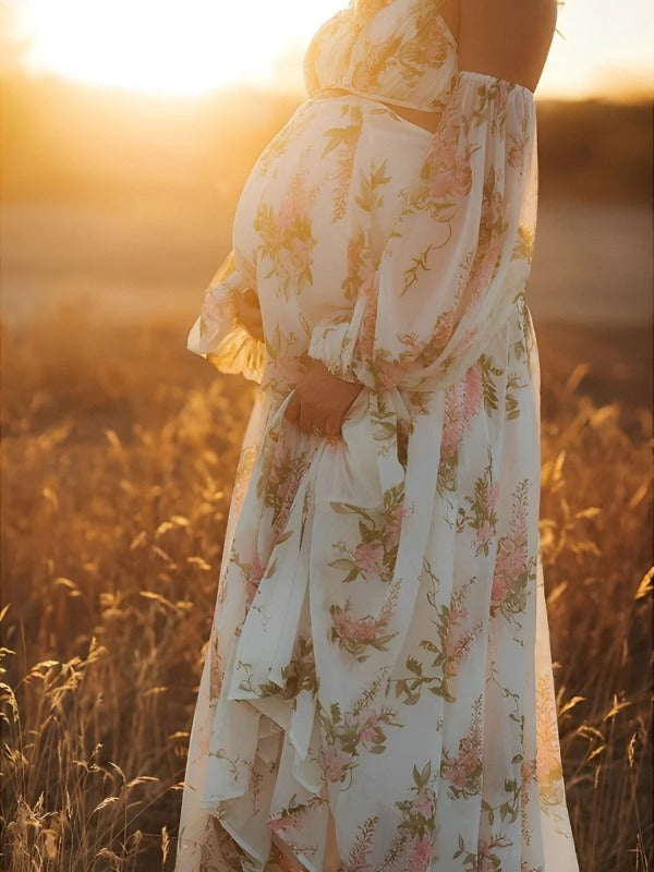 Joliloves Bianco maxi abiti eleganti premaman romantico Fioreale Sottoveste Spalle Scoperte Boemia Adatto per servizi fotografici