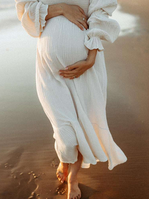 Joliloves Bianco abiti  premaman Elegante Balze A Vita Alta Manica A Bolle Boemia Adatto per servizi fotografici Maxi vestito premaman