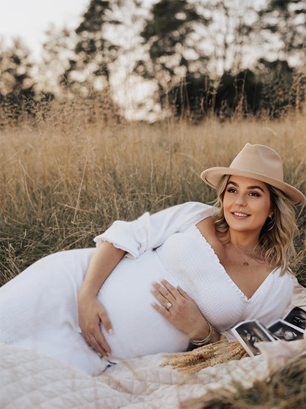 Joliloves Bianco abiti  premaman Elegante Balze A Vita Alta Manica A Bolle Boemia Adatto per servizi fotografici Maxi vestito premaman