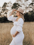 Joliloves Bianco abiti  premaman Elegante Balze A Vita Alta Manica A Bolle Boemia Adatto per servizi fotografici Maxi vestito premaman