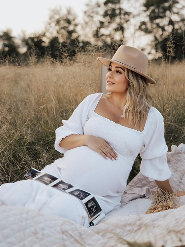 Joliloves Bianco abiti  premaman Elegante Balze A Vita Alta Manica A Bolle Boemia Adatto per servizi fotografici Maxi vestito premaman