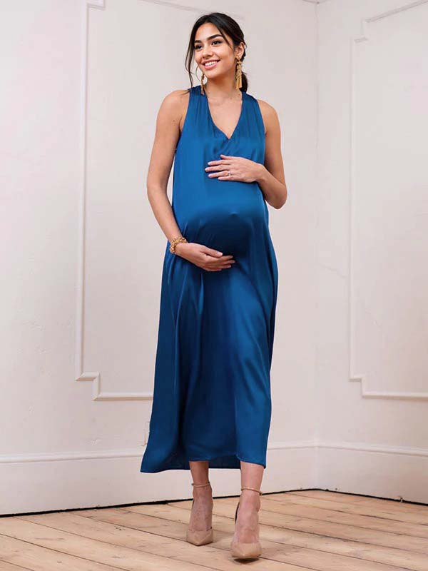 Joliloves Blu Navy Allacciatura Al Collo Spalle Scoperte Cocktail Midi abiti cerimonia premaman