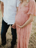 Joliloves Adatto per servizi fotografici  elegante Pizzo Scollo A V Manica Corta Maxi vestito premaman