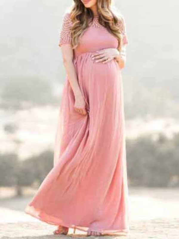 Joliloves Abito lungo per baby shower servizio fotografico in pizzo plissettato elegante sera tutti i giorni tutti i giorni maternità
