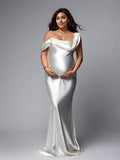 Joliloves Bianco Vestito da donna Una Spalla Raso Senza Schienale Coda Di Pesce Festa Abito per servizio fotografico Maxi vestito premaman