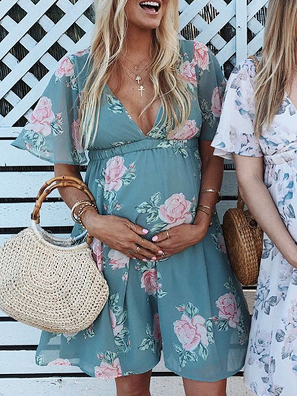 Joliloves Minikleid mit Blumendruck, A-Linie, V-Ausschnitt, schlichtes und lässiges Umstandskleid