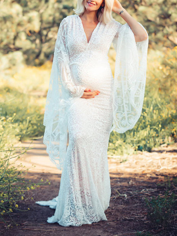 Joliloves Abito lungo premaman elegante con scollo a V e maniche svasate in pizzo con scollo a sirena