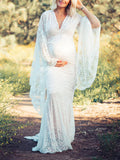 Joliloves Abito lungo premaman elegante con scollo a V e maniche svasate in pizzo con scollo a sirena
