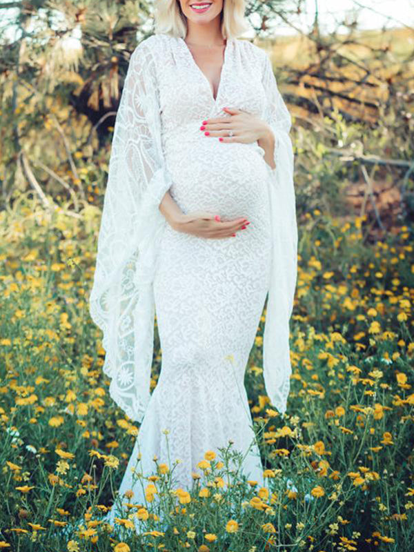 Joliloves Abito lungo premaman elegante con scollo a V e maniche svasate in pizzo con scollo a sirena