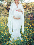 Joliloves Abito lungo premaman elegante con scollo a V e maniche svasate in pizzo con scollo a sirena