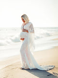 Joliloves Abito lungo premaman elegante con scollo a V e maniche svasate in pizzo con scollo a sirena