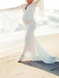 Joliloves Abito lungo premaman elegante con scollo a V e maniche svasate in pizzo con scollo a sirena