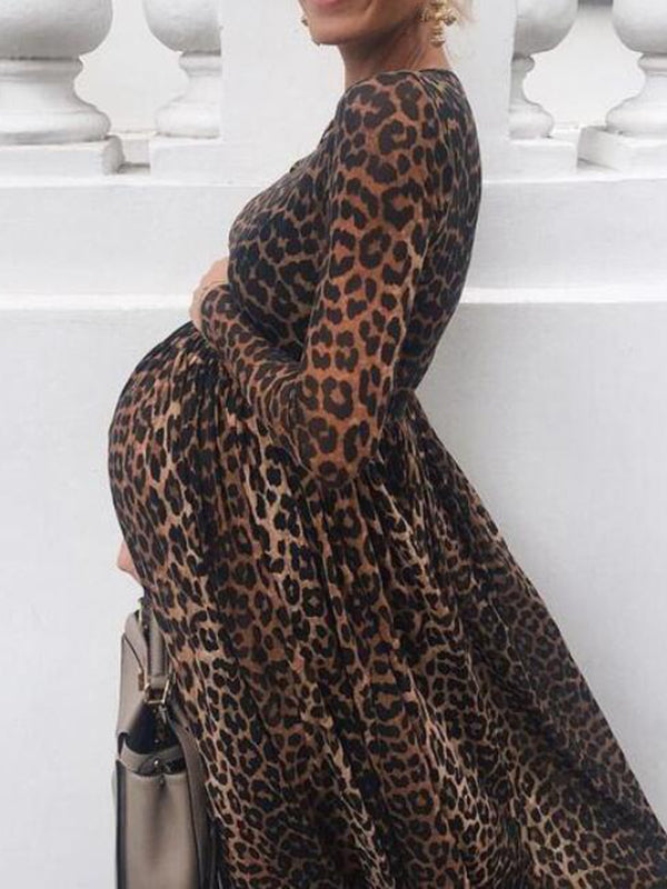 Joliloves Abito Premaman Per Motivo Leopardato A Vita Alta Elegante Maxi Abiti Vestito