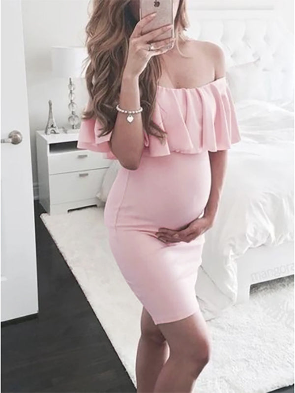 Joliloves Umstandskleid mit Rüschen, schulterfrei, U-Boot-Ausschnitt, Mini-Umstandskleid, La Moda Cocktail-Partykleid