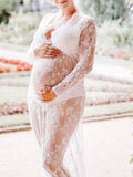 Joliloves Abito lungo premaman elegante a maniche lunghe con scollo profondo in pizzo