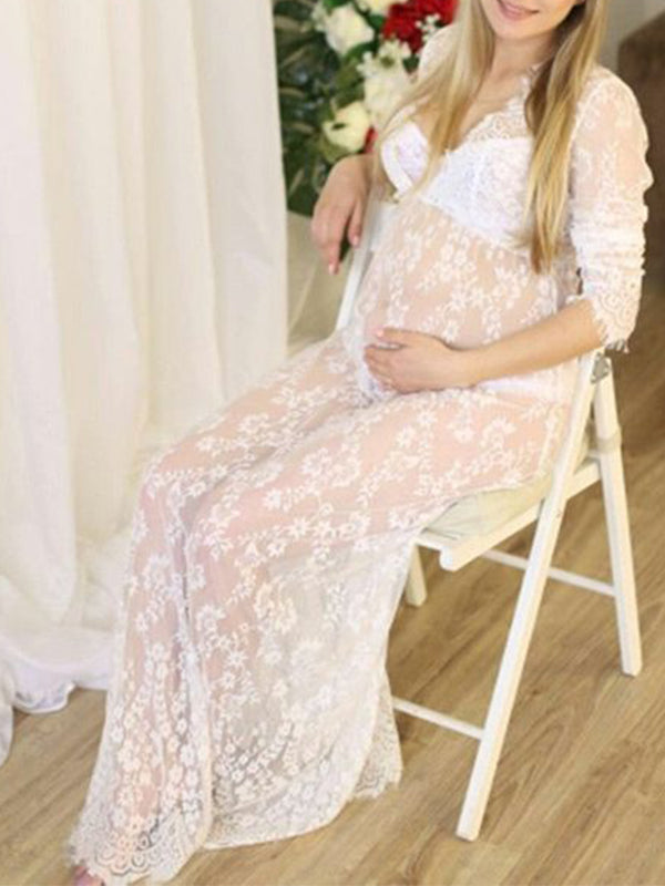 Joliloves Abito lungo premaman elegante a maniche lunghe con scollo profondo in pizzo