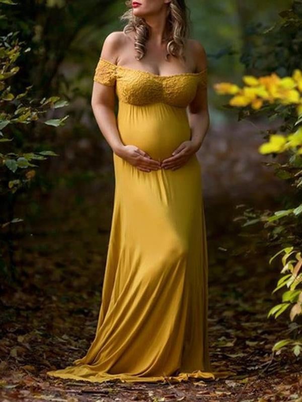 Joliloves Colore Unico Pizzo Scollo A Barchetta Fotografia Gestante Maxi Abito