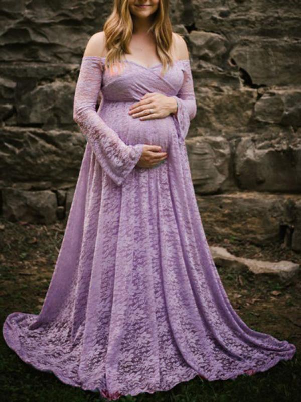 Joliloves Abito lungo in pizzo con spalle scoperte manica lunga baby shower maternità servizio fotografico