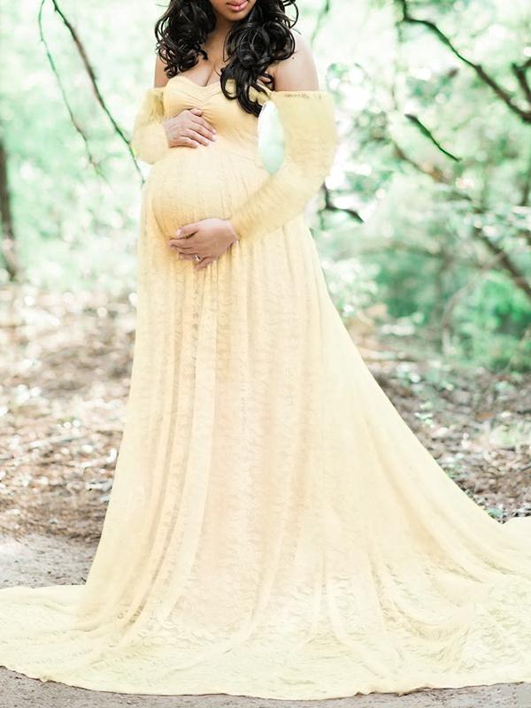 Joliloves Abito lungo in pizzo con spalle scoperte manica lunga baby shower maternità servizio fotografico