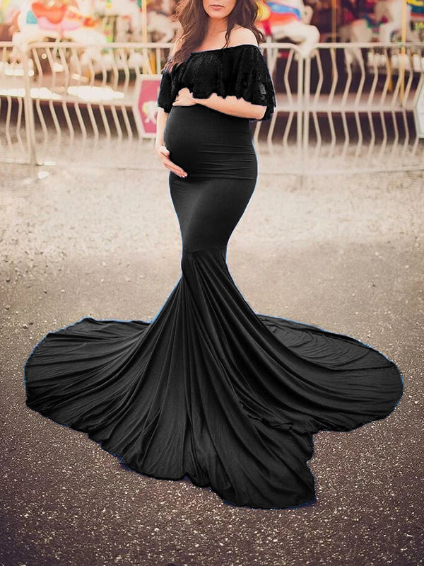 Joliloves Abito Premaman Per Colore Unico Spalle Scoperte Pizzo Coda Di Pesce Vestiti premaman eleganti