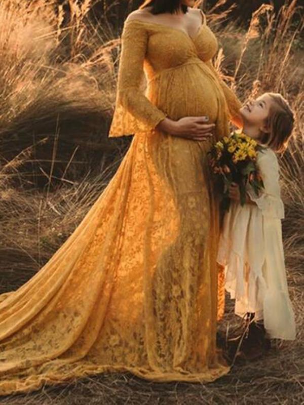Joliloves Abito lungo premaman elegante con scollo a V e maniche lunghe in pizzo Boho Photoshoot