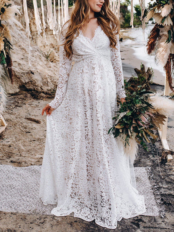 Joliloves Abito lungo in pizzo con scollo a V senza schienale grande swing abito da sposa elegante da sera premaman bianco