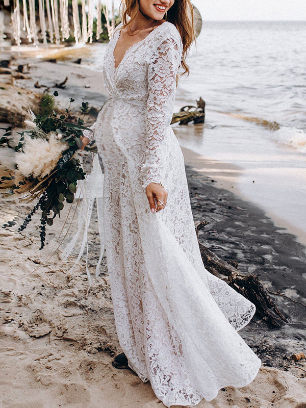 Joliloves Abito lungo in pizzo con scollo a V senza schienale grande swing abito da sposa elegante da sera premaman bianco