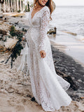 Joliloves Abito lungo in pizzo con scollo a V senza schienale grande swing abito da sposa elegante da sera premaman bianco