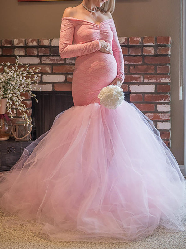 Joliloves Abito Premaman Per Rosa Spalle Scoperte Rete Coda Di Pesce Vestito da sposa rosa antico Abito scollo a barca elegante