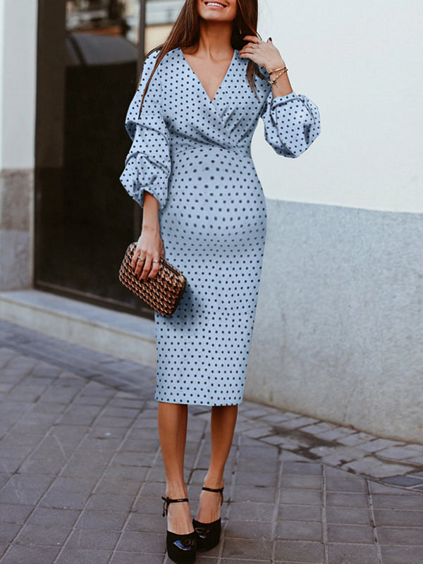 Joliloves Abito longuette aderente con maniche a lanterna con scollo a V a pois da sera Elegante abito midi quotidiano da lavoro premaman