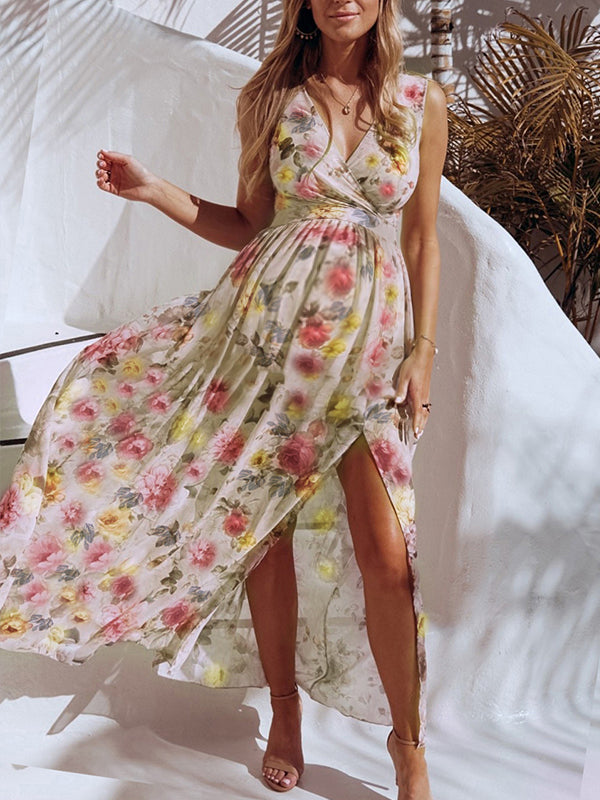 Joliloves Abito lungo in chiffon floreale con spacco ampio e ampio per maternità bohémien Beach Vacation