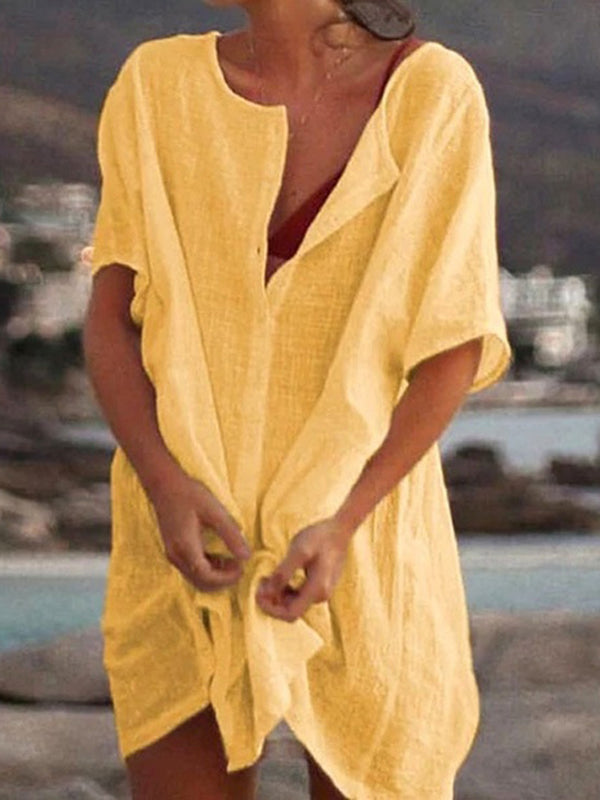 Joliloves Umstandskleid, einfarbig, Knöpfe, halbe Ärmel, Leinen, Baumwolle, Basic-Umstandskleider