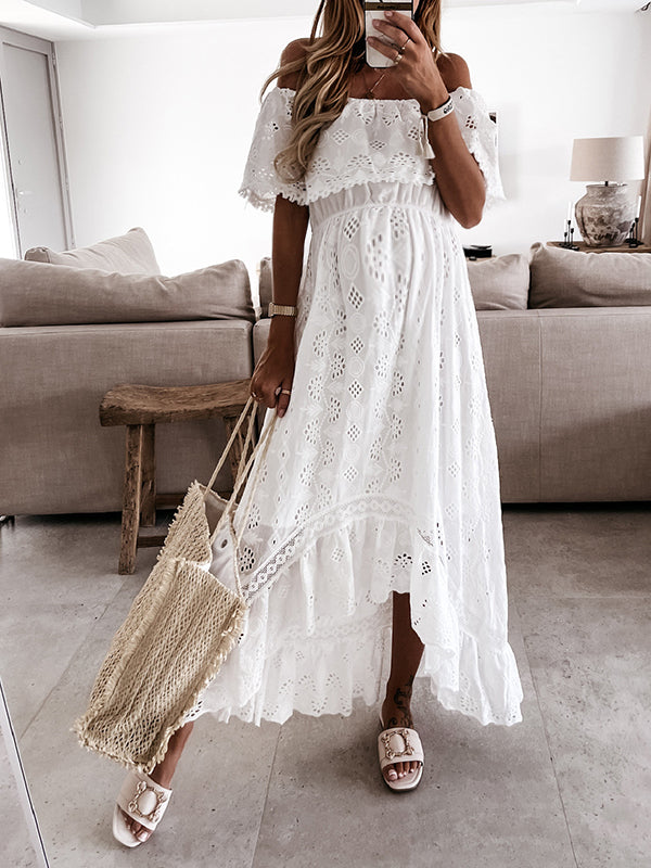 Joliloves Abito Premaman Per Bianco Spalle Scoperte Balze Ritagliare Abiti pizzo sangallo Vestiti premaman eleganti