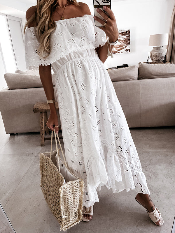 Joliloves Abito Premaman Per Bianco Spalle Scoperte Balze Ritagliare Abiti pizzo sangallo Vestiti premaman eleganti