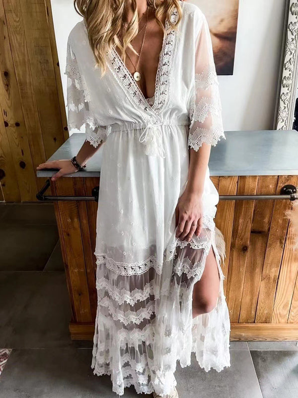 Joliloves Abiti premaman Abiti lunghi in gravidanza con coulisse in pizzo con scollo a V