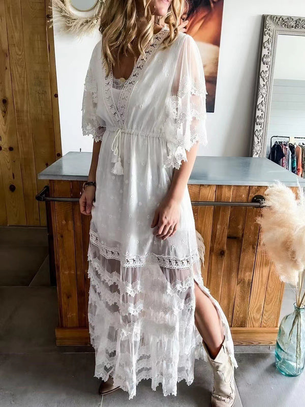 Joliloves Abiti premaman Abiti lunghi in gravidanza con coulisse in pizzo con scollo a V